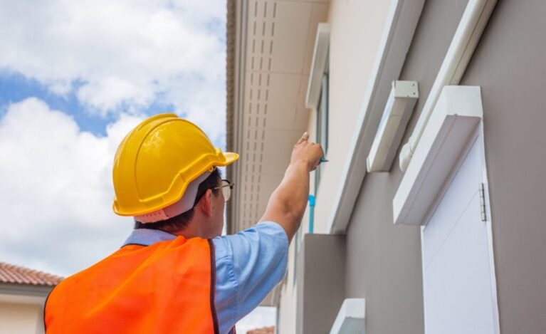 Asian,Inspector,Wearing,A,Helmet,And,Safety,Suit,Is,Taking Asian inspector wearing a helmet and safety suit is taking notes after inspecting the structure and exterior of the house building.